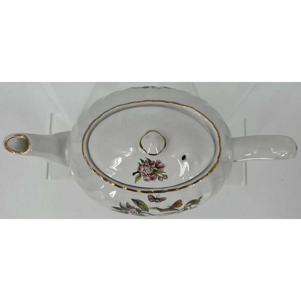 Vtg Arthur Wood & Son Staffordshire England Teapot 6459 Apples‎ Peach Gold Trim